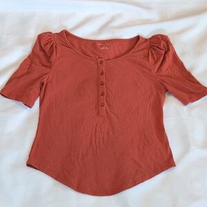 Terracotta Puff Sleeve Henley Top Size S  by Anthropologie